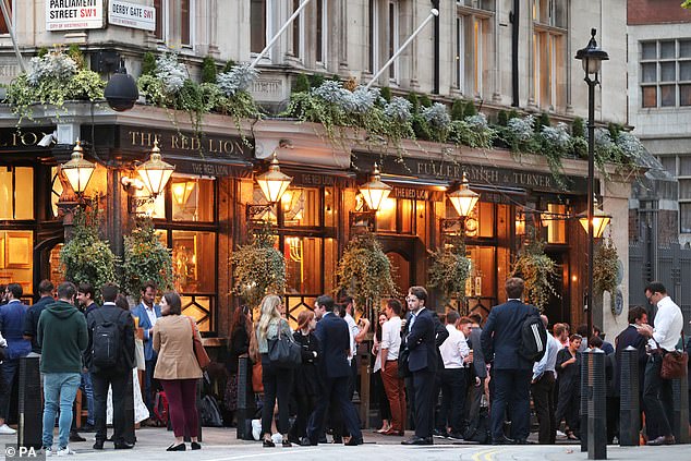 Boris Johnson's roadmap out of lockdown will see pubs (such as this one in Westminster, London) reopen their outdoor areas on April 12 at the earliest